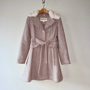 Tweed Wool Coat Belted Fitted  A-line Faux Fur Lapel Pastel Pink Retro